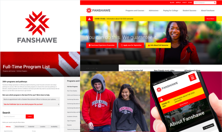 Fanshawe College logo with website display on different size screens, students walking