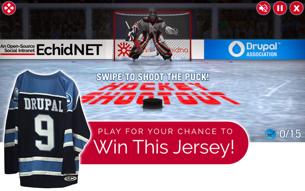 goalie in net holding stick, swipe to shoot the puck 